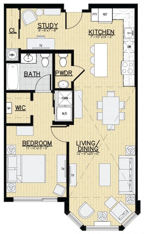 Floor plan for 1 bed, 1 bath, 898 sqft